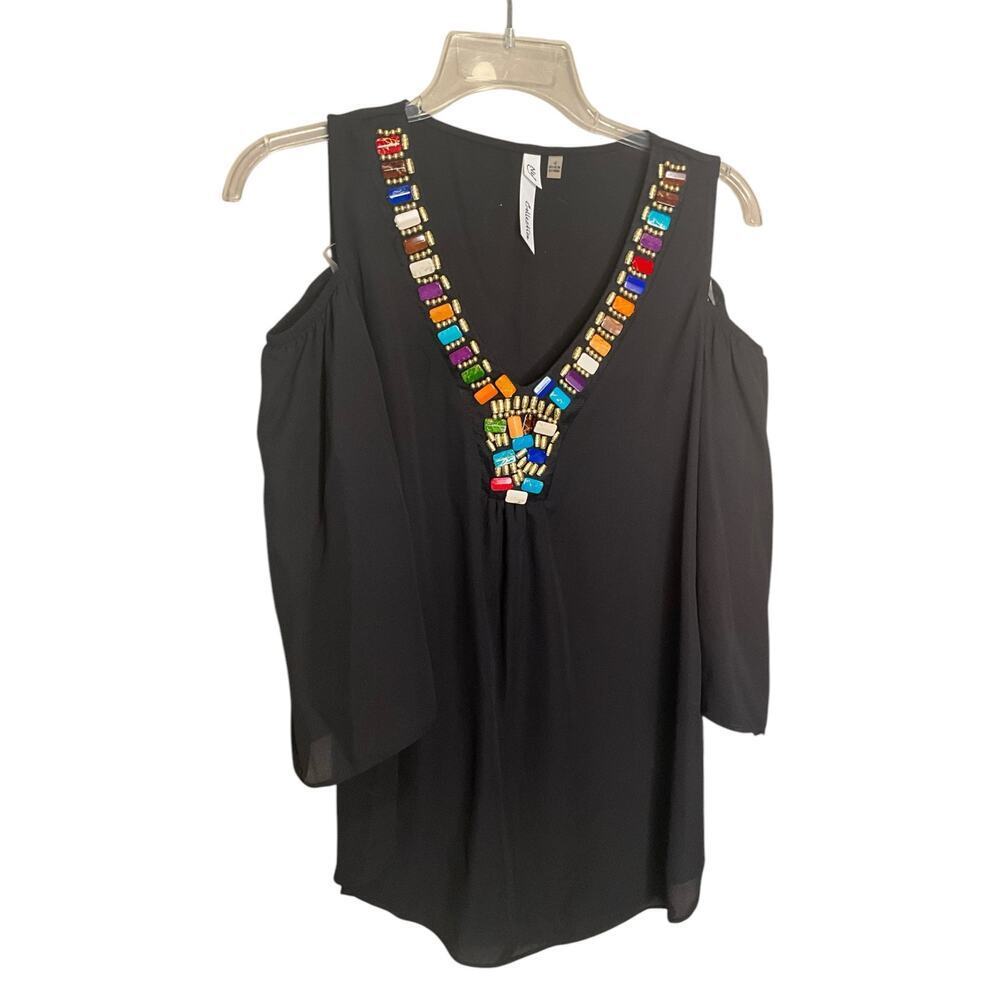 NY Collection Cold Shoulder Top Embellished V-Neck 3/4 Sleeve Black Size M NWT